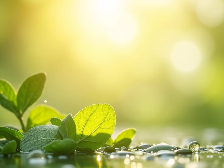 A warm, inviting image reflecting SkinUp's philosophy of natural beauty and well-being, featuring soft lighting and natural elements like leaves and water droplets.