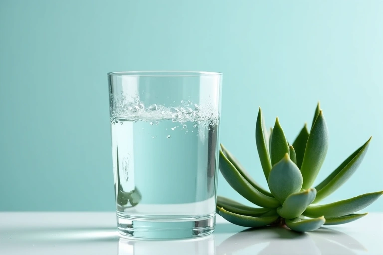 A glass of water next to a succulent plant, symbolizing hydration and natural vitality for skin.