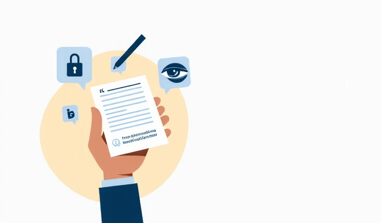 Illustration of a hand holding a document with privacy icons, symbolizing user rights