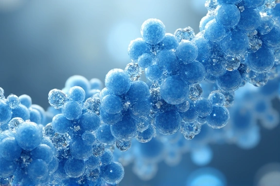 Stylized image of hyaluronic acid molecules attracting water, showing a strong hydrating effect.